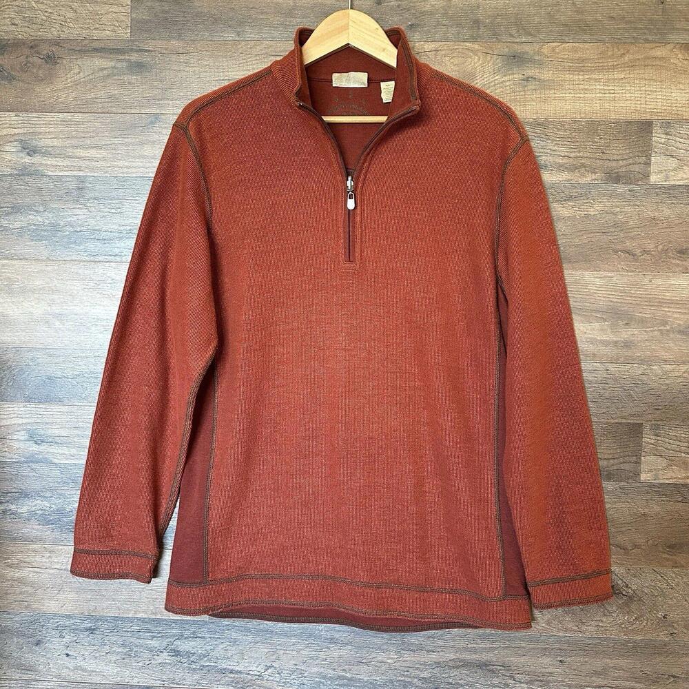 Vintage Tommy Bahama Pullover Sweater Men M Medium Rust Brown 1/4 Zip Mock Neck